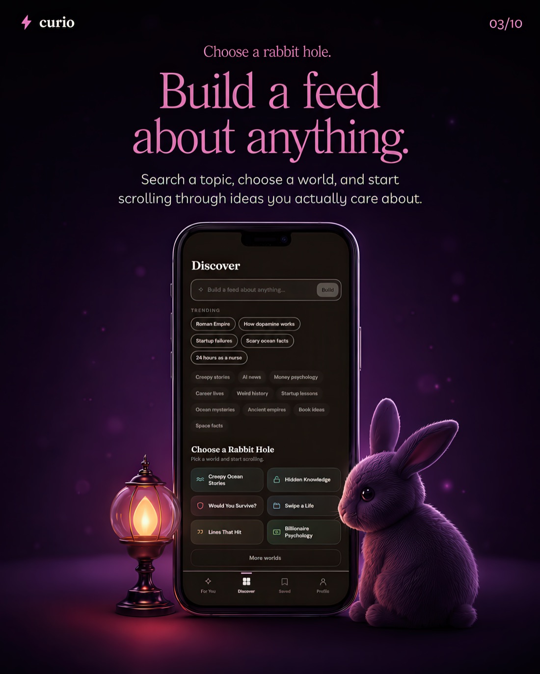 Building a Curio feed — search a topic and choose a rabbit hole to explore.