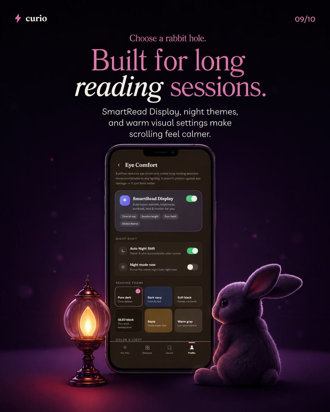 Curio Eye Comfort — SmartRead Display, auto night shift and warm reading themes.