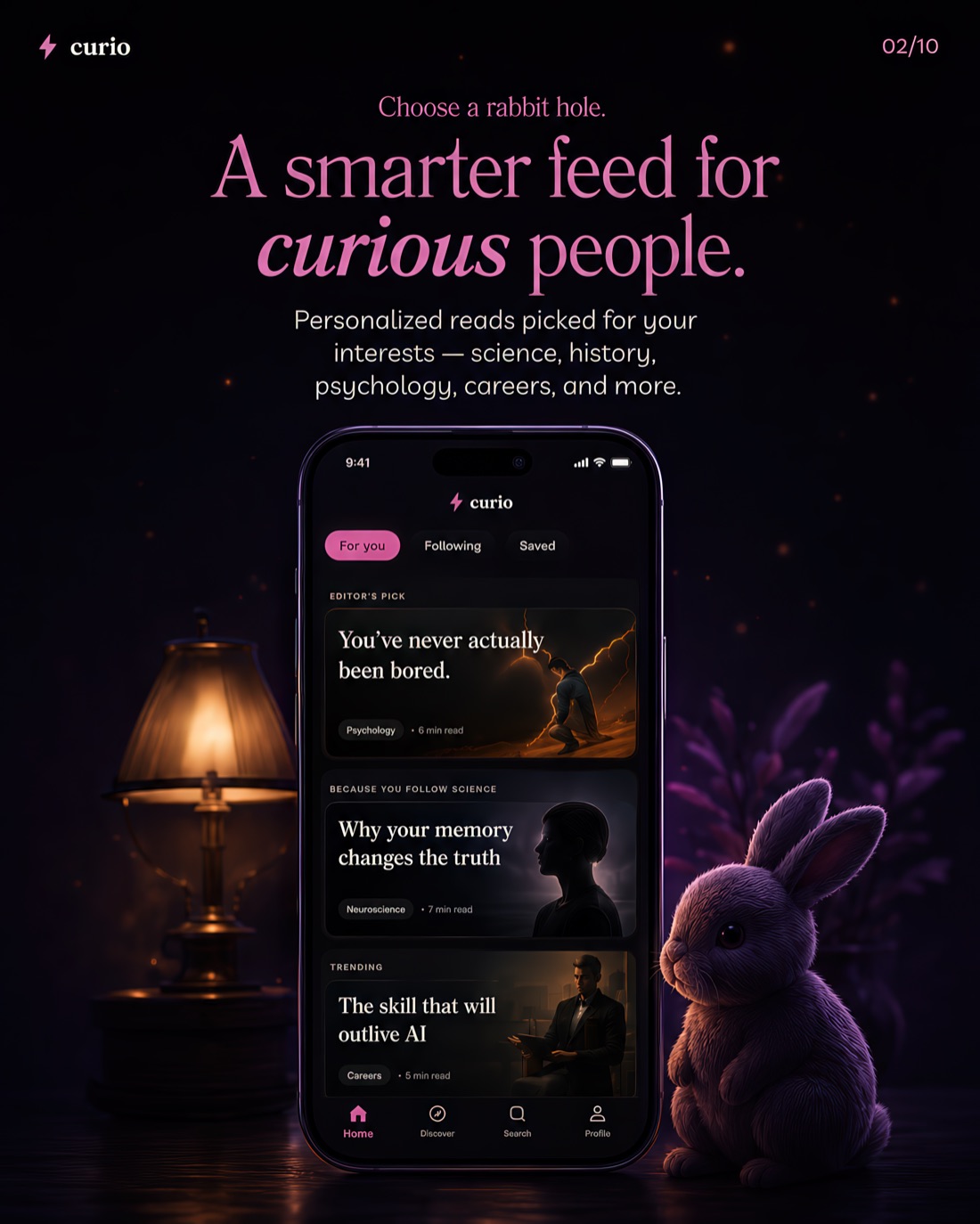 Curio's personalized feed of short reads across science, history and psychology.