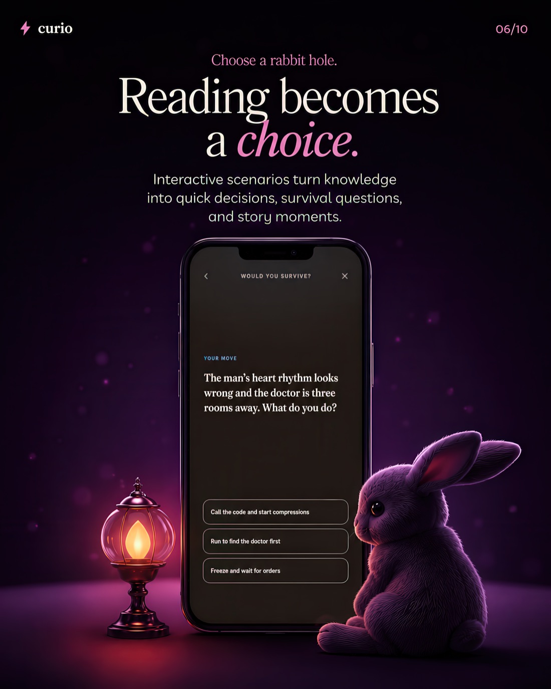 Curio Scenario Mode — an interactive ‘would you survive?’ decision moment.
