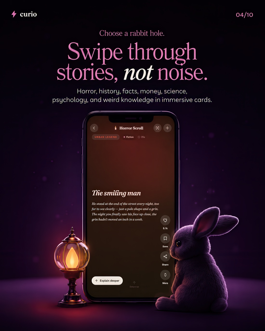 Swiping through an immersive Curio story card instead of noise.