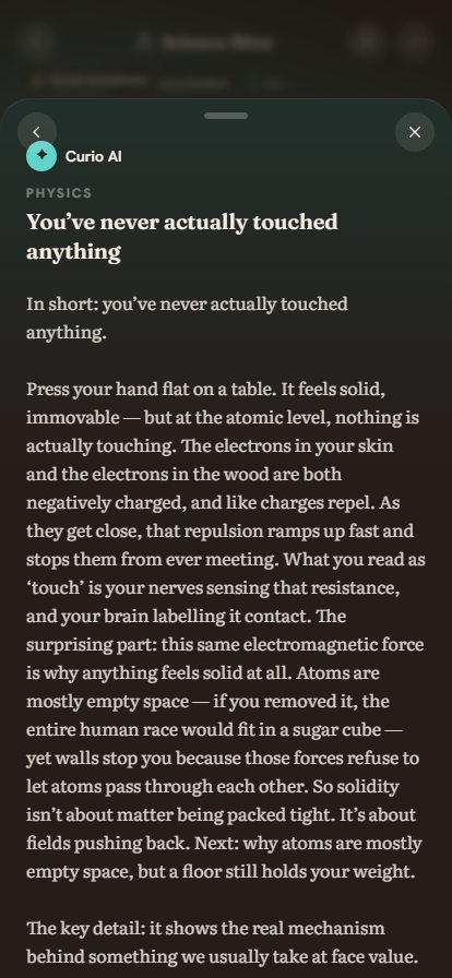 Curio AI explanation screen on iPhone