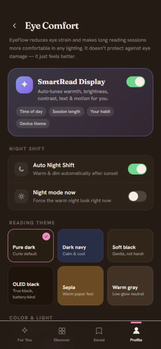 Curio Eye Comfort settings